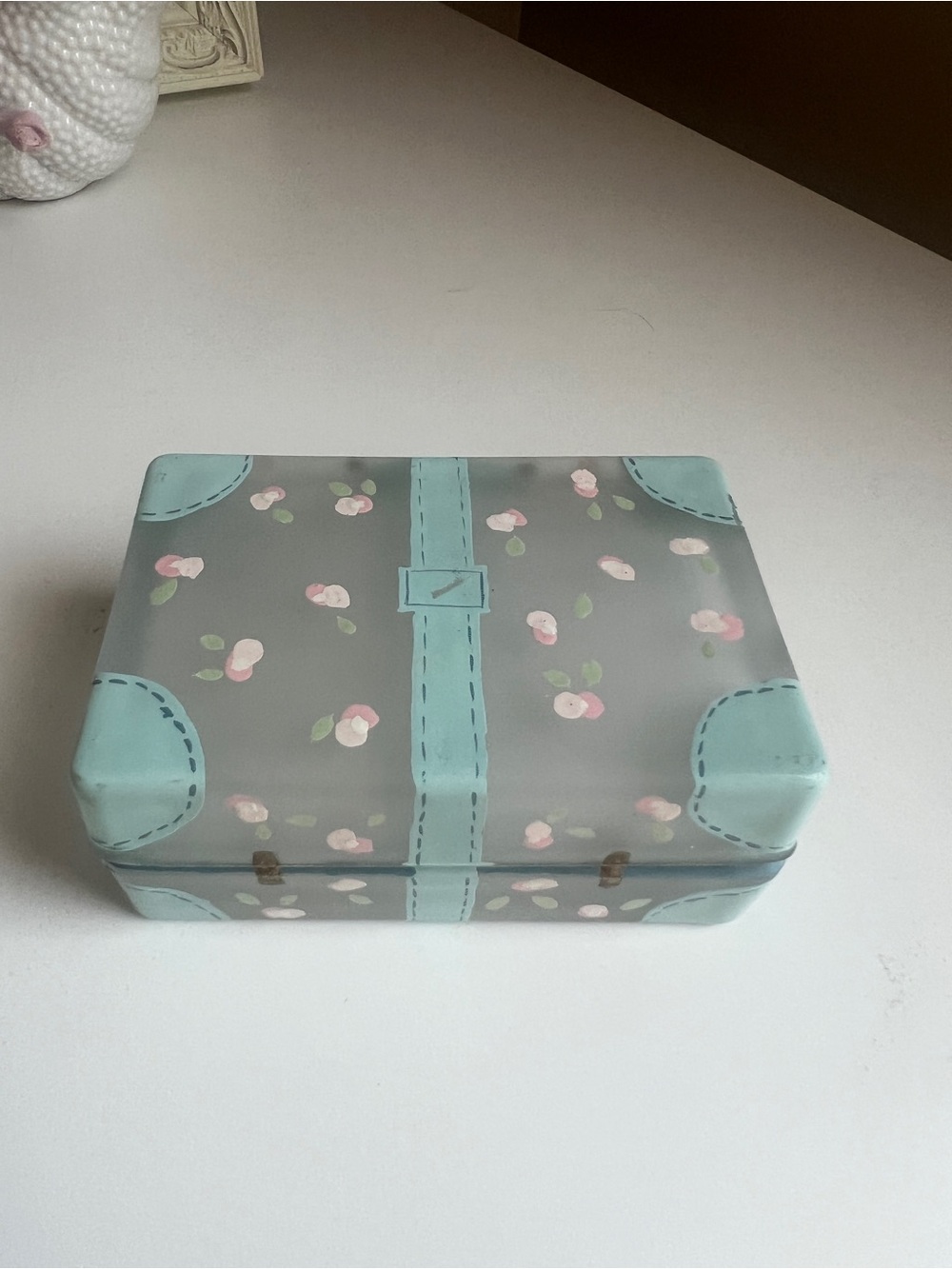 Handpainted Vintage Floral Suitcase Jewelry Box - Blue & Floral